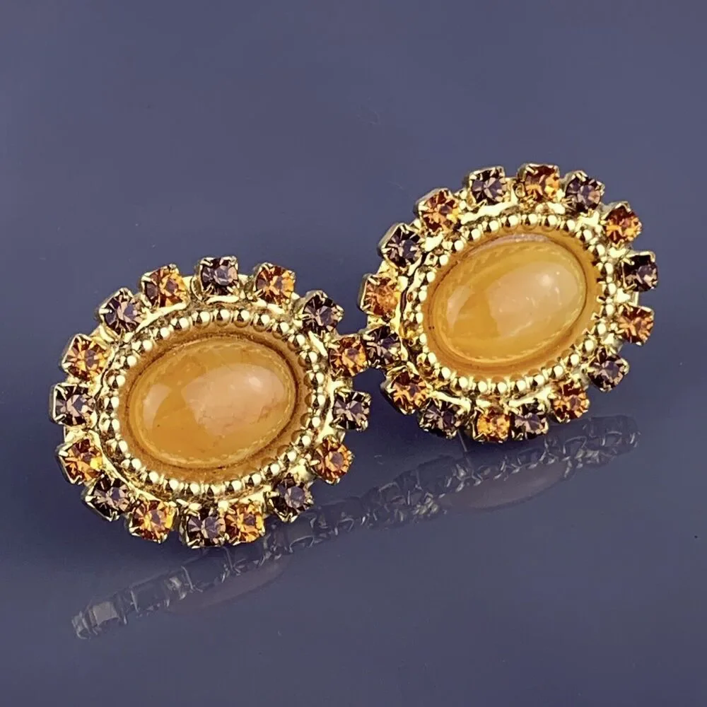 Large Yellow Carnelian Cabochon Cufflinks Gold Tone Rhinestones Orange Brown VTG